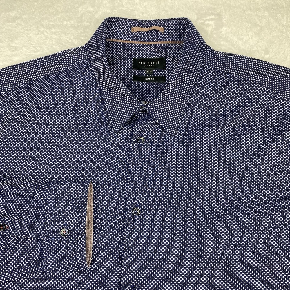 Ted Baker Dress Shirt Mens 17.5 Navy Blue w/White Dots Slim Fit